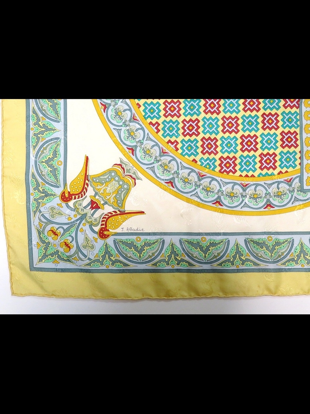 Hermes Yellow, Blue and Green Silk Scarf with Geometric Medallion Motif - Picture 12 of 13